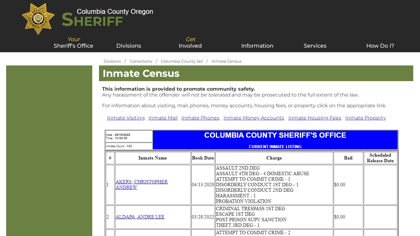 Columbia County Oregon Sheriff - Inmate Census